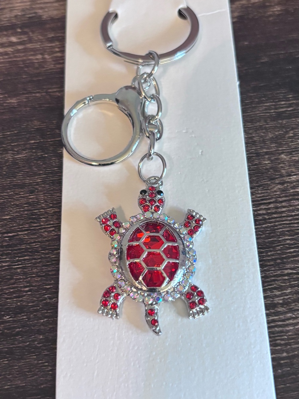 Red Crystal Rhinestone Turtle Keychain in Silver Tone